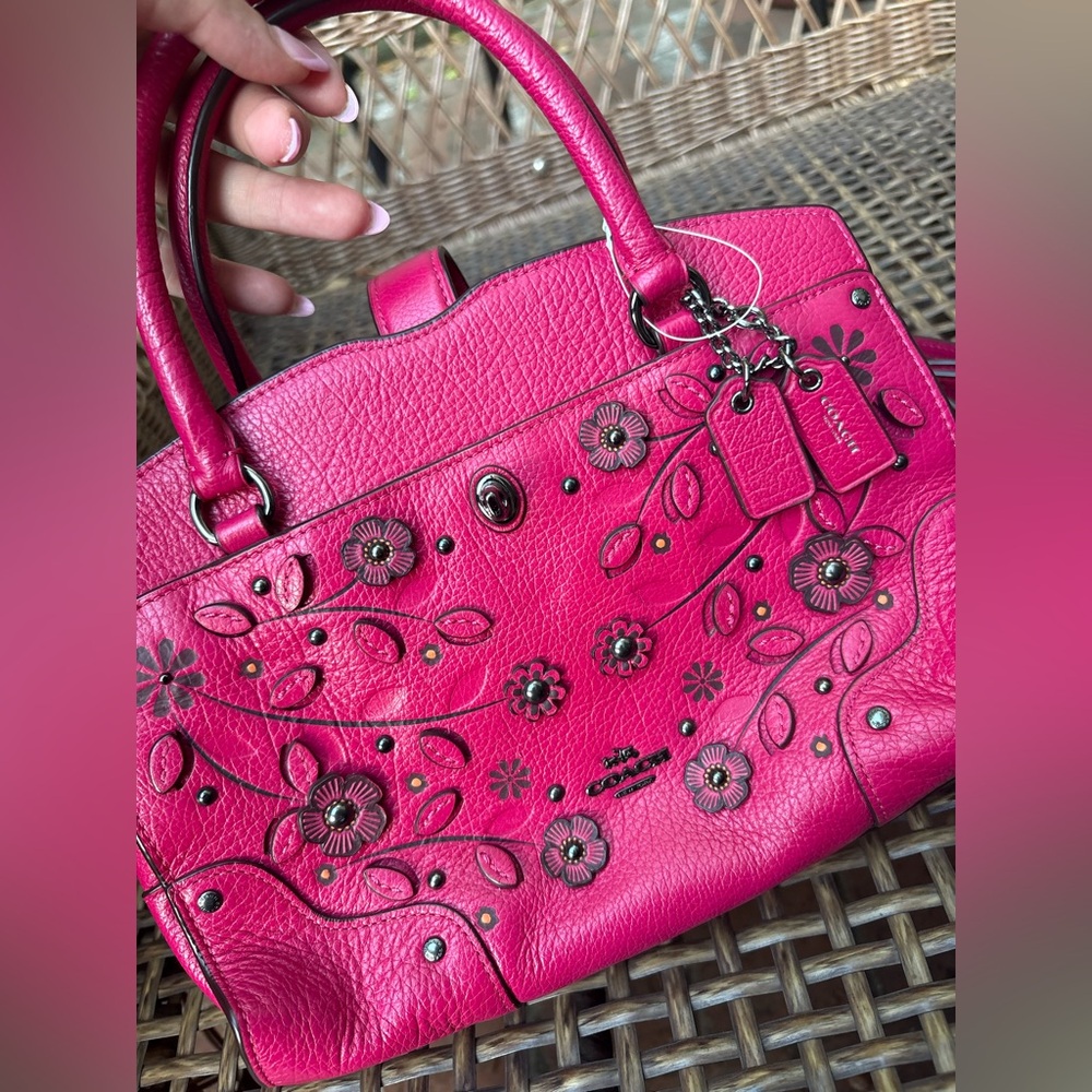COACH Pink Willow Floral Mercer Satchel 24 In Grain Leather - Picture 12 of 13